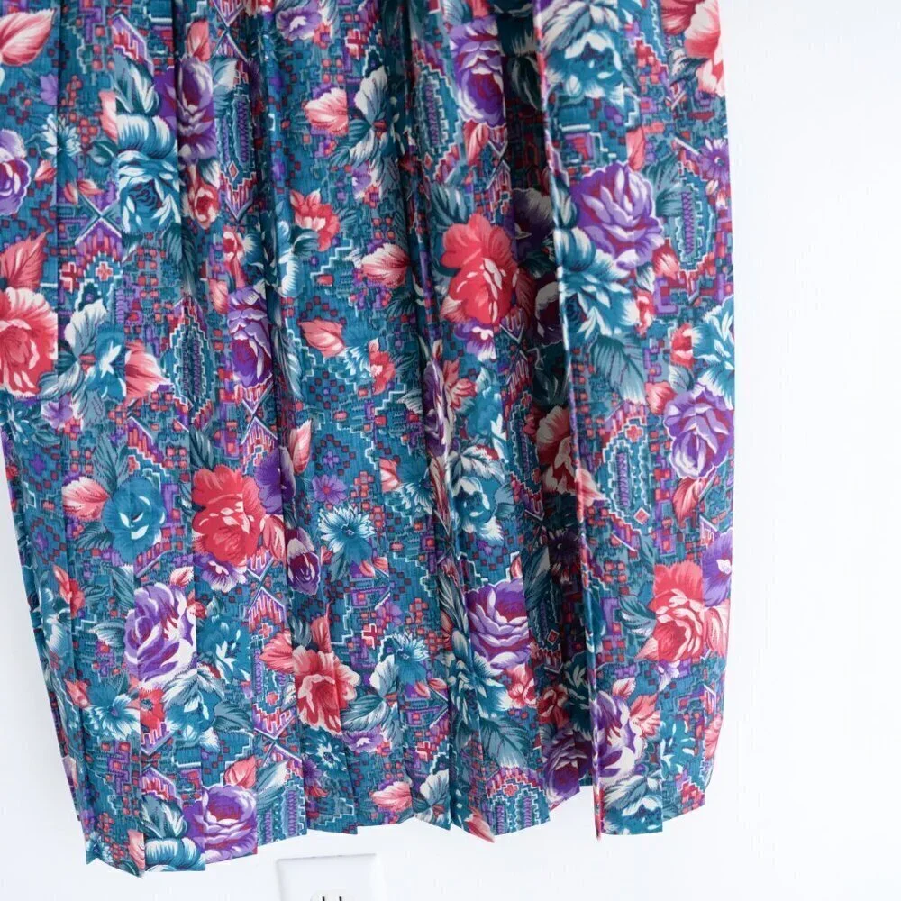 Vintage Schrader Teal Purple Floral Button Front Pleated Maxi Retro 80s Dress 18 - Picture 12 of 14